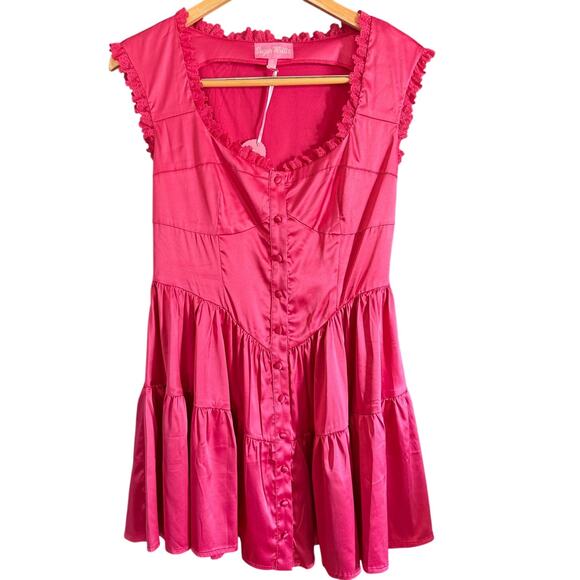 SUGAR THRILLZ | Dolls Kill Pink Satin Thinking About You Challis Dress | Small - Picture 1 of 8
